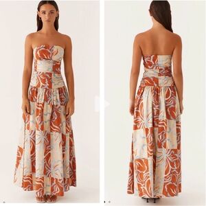 Peppermayo Carmel Maxi Dress- Orange Blue Floral strapless ruched 8 NEW